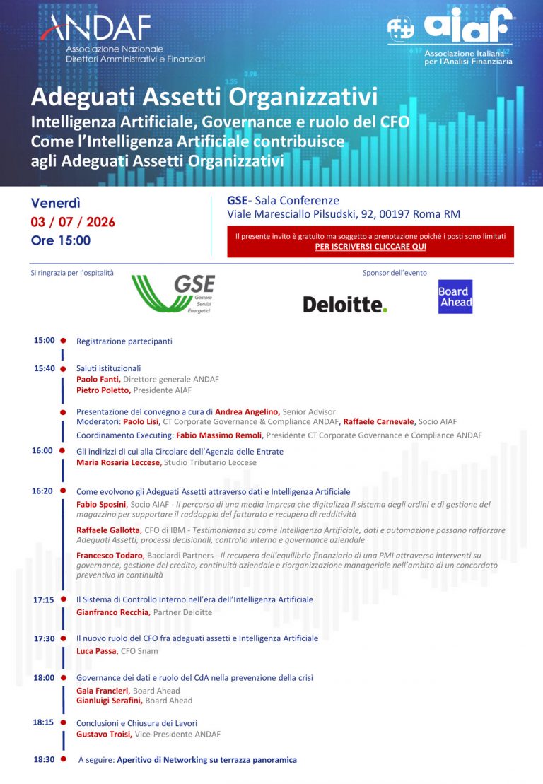 Locandina del convegno Adeguati Assetti Organizzativi, Roma 3 luglio 2026
